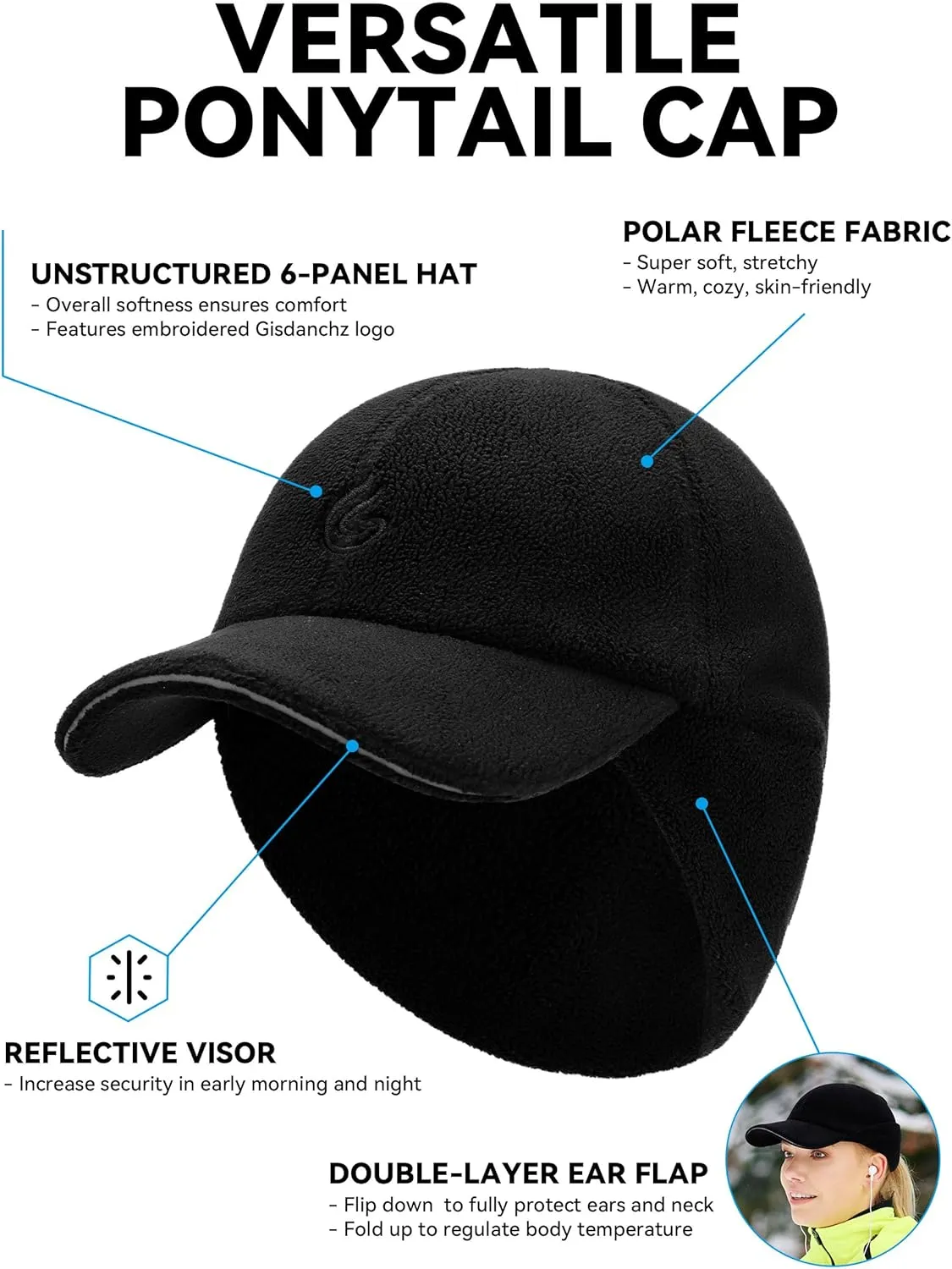Gisdanchz Women's Winter Reflective Stretchy Ponytail Hat with Drop Down Ear Flap