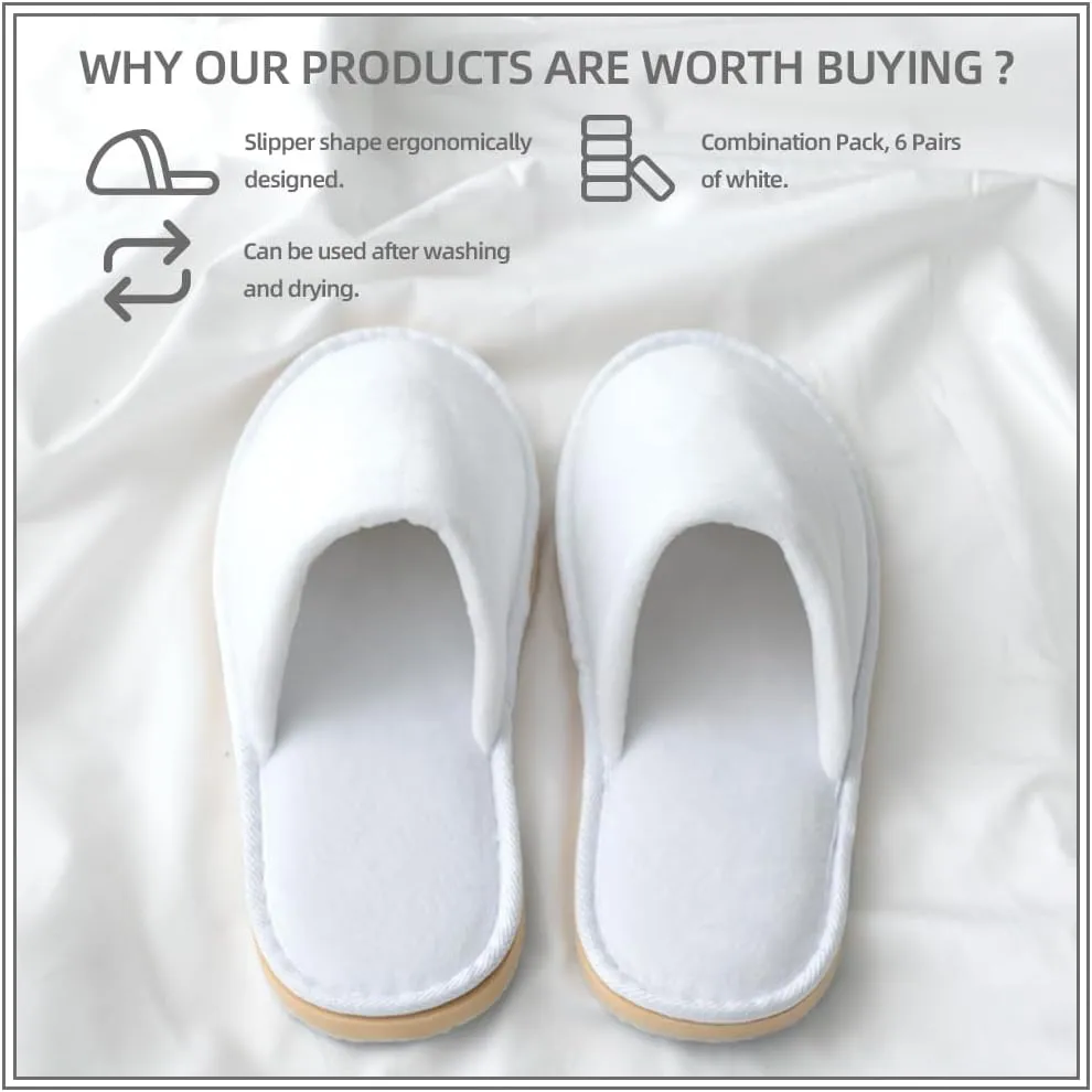GONG GONG 6 Pairs Non Slip Disposable Slippers, Washable & Reusable, Closed Toe Crystal Velvet Slipper for Guest, Bathroom, House, Hotel, Party, SPA, Wedding