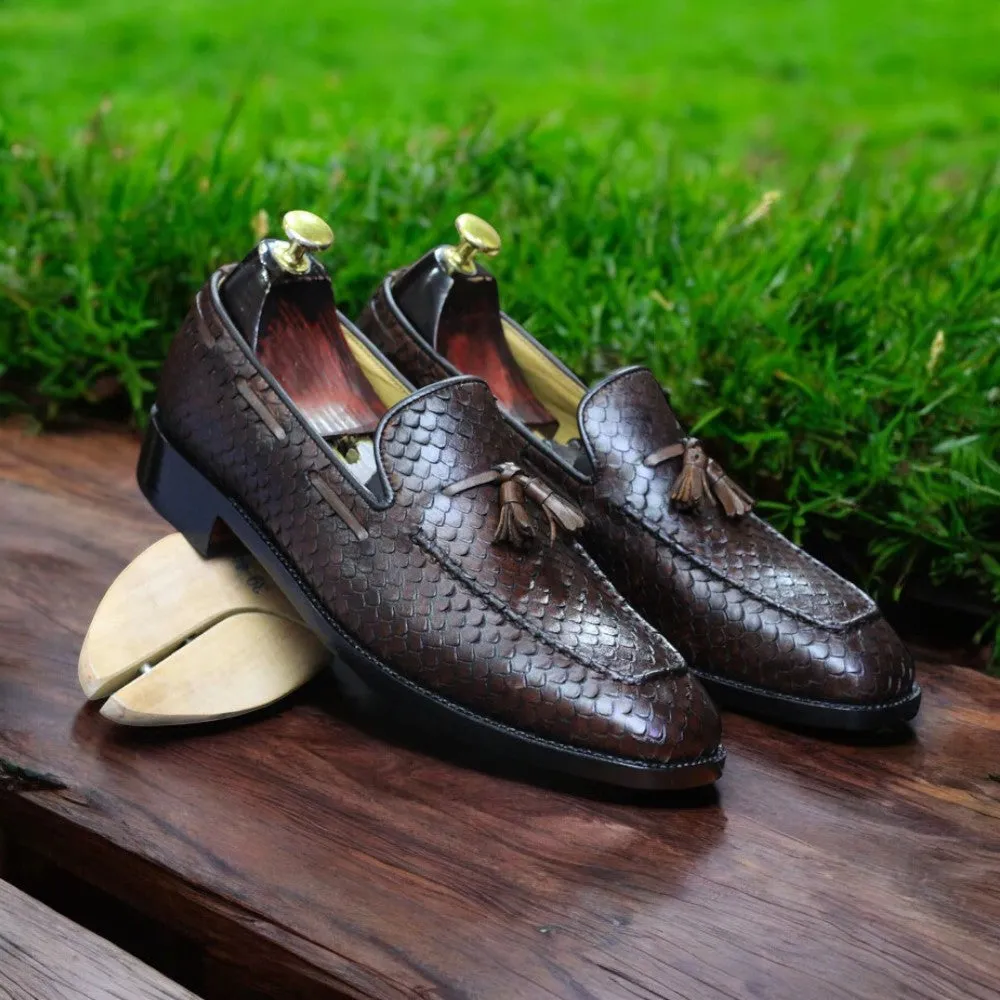 Handmade Fish Skin Textured Genuine Cow-Hide Leather Loafers