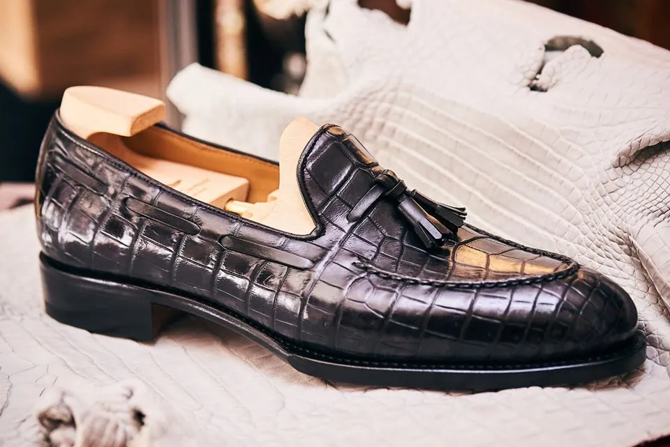 Handmade Leather Crocodile Patterned Tassel Moccasins