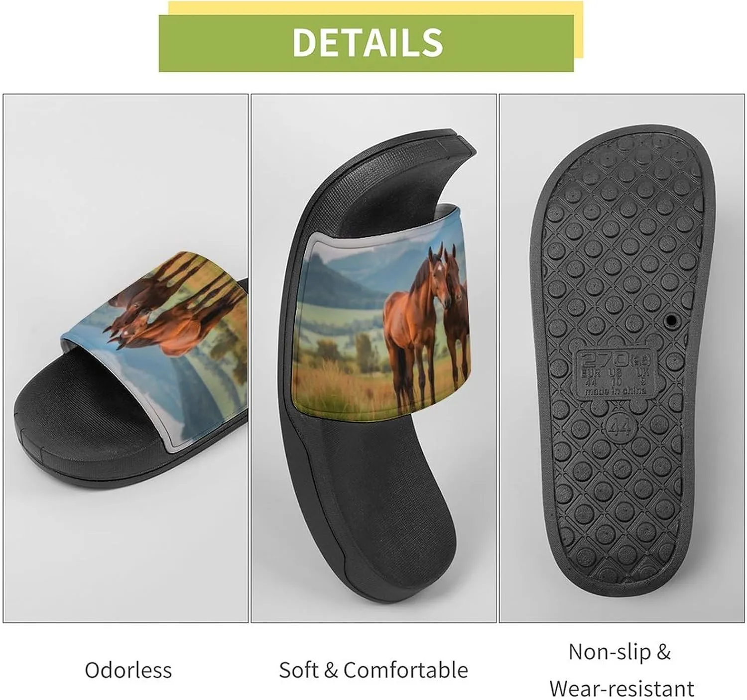 Horses Mountain Field Slippers Shower Slipper In-Door Slipper Quick Drying Non-Slip Bathroom Pool Woman Man PVC
