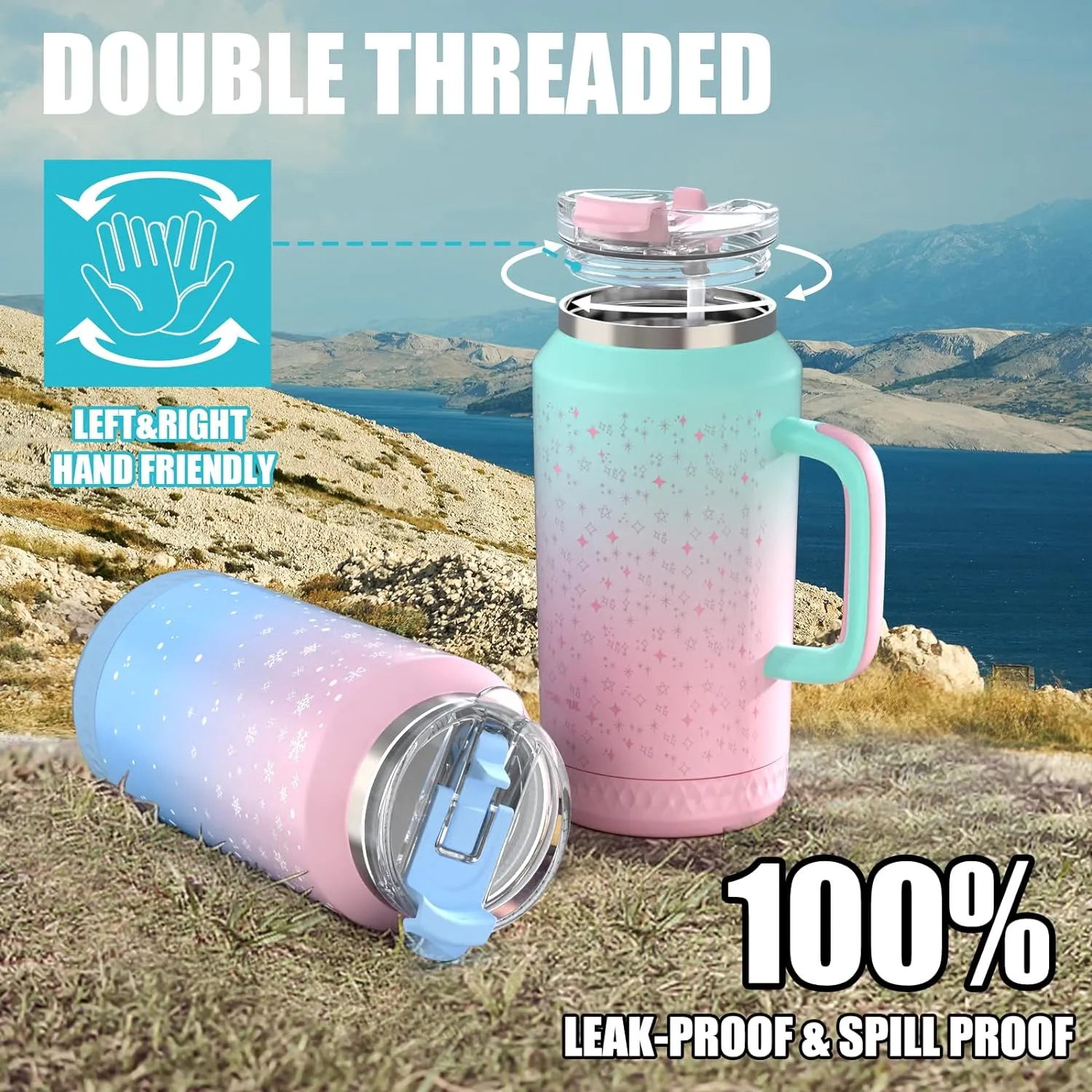 Hydraful 64 oz Tumbler with Handle and Straw - 100% Leak-Proof - Insulated Cup Reusable Stainless Steel Large Water Bottle Travel Mug for Gym, Hiking, and Camping - Gifts for Women Men Him Her