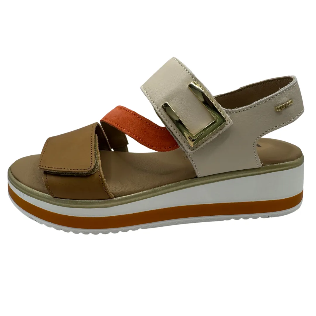 Igi & Co Nude, Coral & Brown Wedge Sandals with Velcro Straps