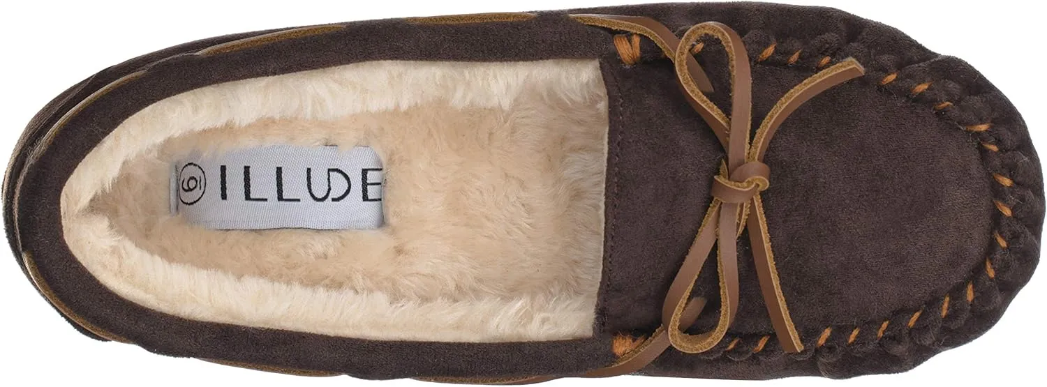 ILLUDE Women’s Moccasin Slipper Vegan Suede Faux Fur Lined Indoor Outdoor Moccasins Slip On Loafers Moccasins Shoes
