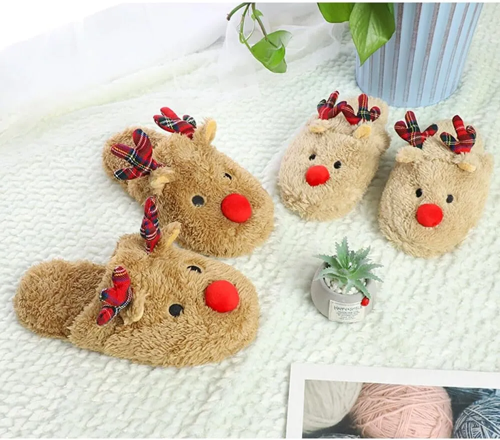 JadeRich Boys Girls Reindeer Slippers Soft Plush Lightweight Christmas Slipper Non-Slip Floor Shoes for Toddlers Little Kids