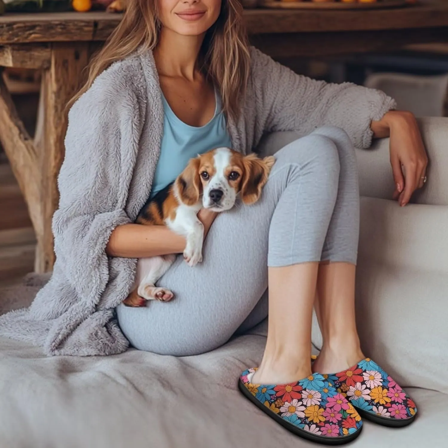 Jeiento Women's Indoor Bedroom Slipper Daisy Floral Soft Non Slip Closed Toe House Slippers