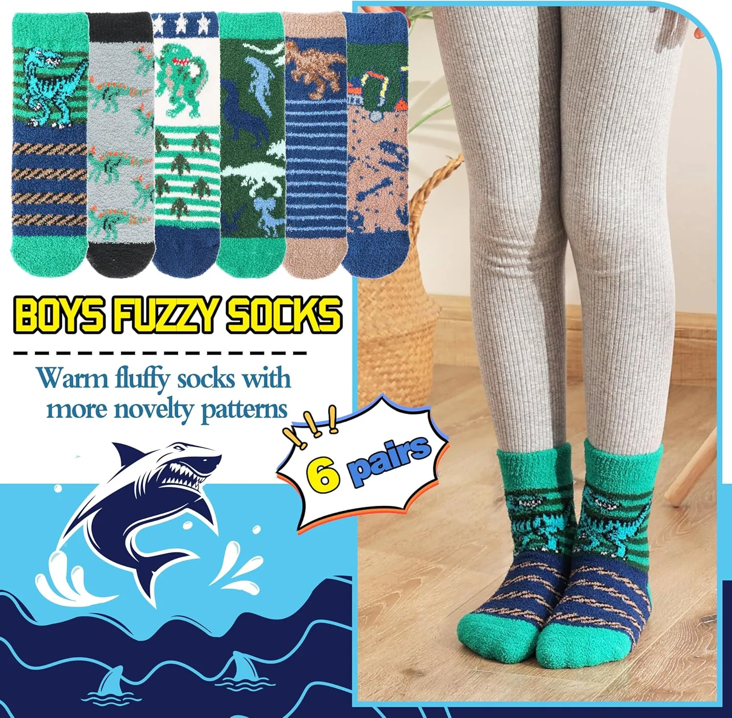 Kids Boys Toddlers Fuzzy Slipper Socks with Grips Non Slip Warm Fluffy Winter Thick Fun Cozy Hospital Socks 6 Pairs