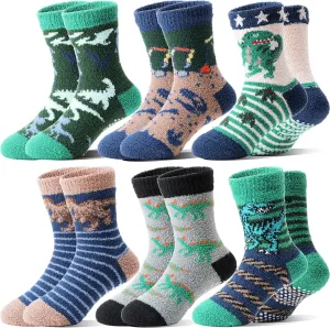 Kids Boys Toddlers Fuzzy Slipper Socks with Grips Non Slip Warm Fluffy Winter Thick Fun Cozy Hospital Socks 6 Pairs