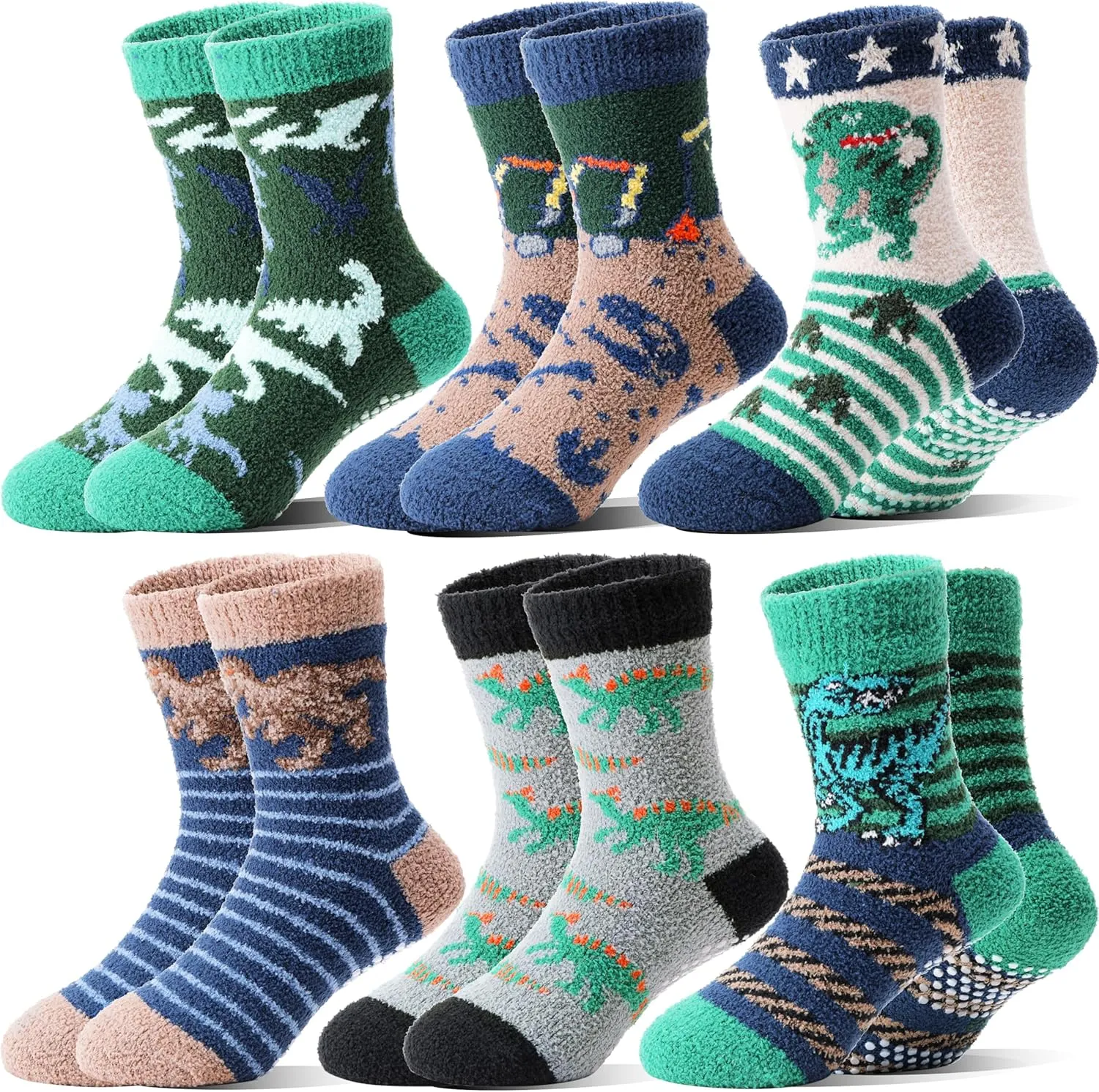 Kids Boys Toddlers Fuzzy Slipper Socks with Grips Non Slip Warm Fluffy Winter Thick Fun Cozy Hospital Socks 6 Pairs