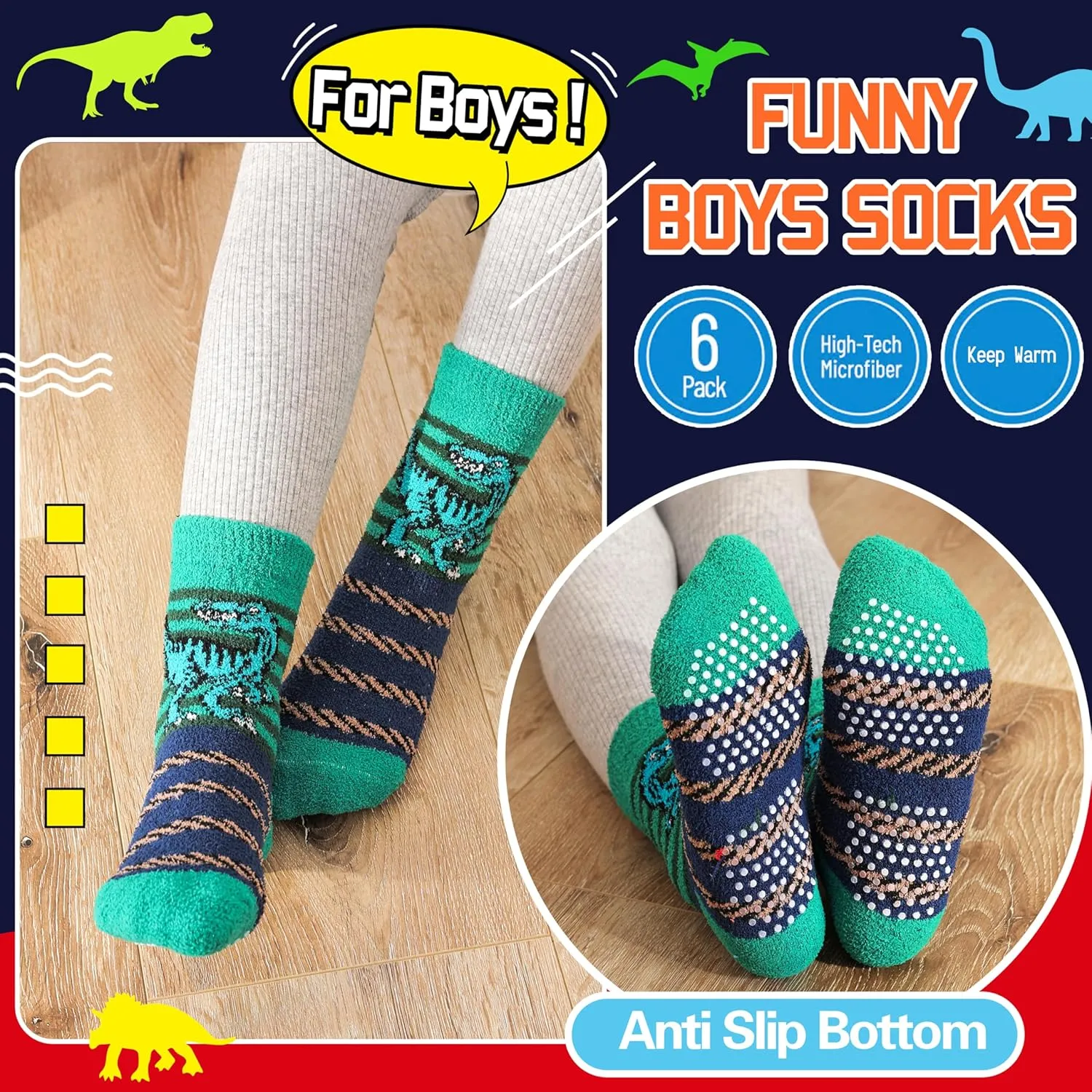 Kids Boys Toddlers Fuzzy Slipper Socks with Grips Non Slip Warm Fluffy Winter Thick Fun Cozy Hospital Socks 6 Pairs