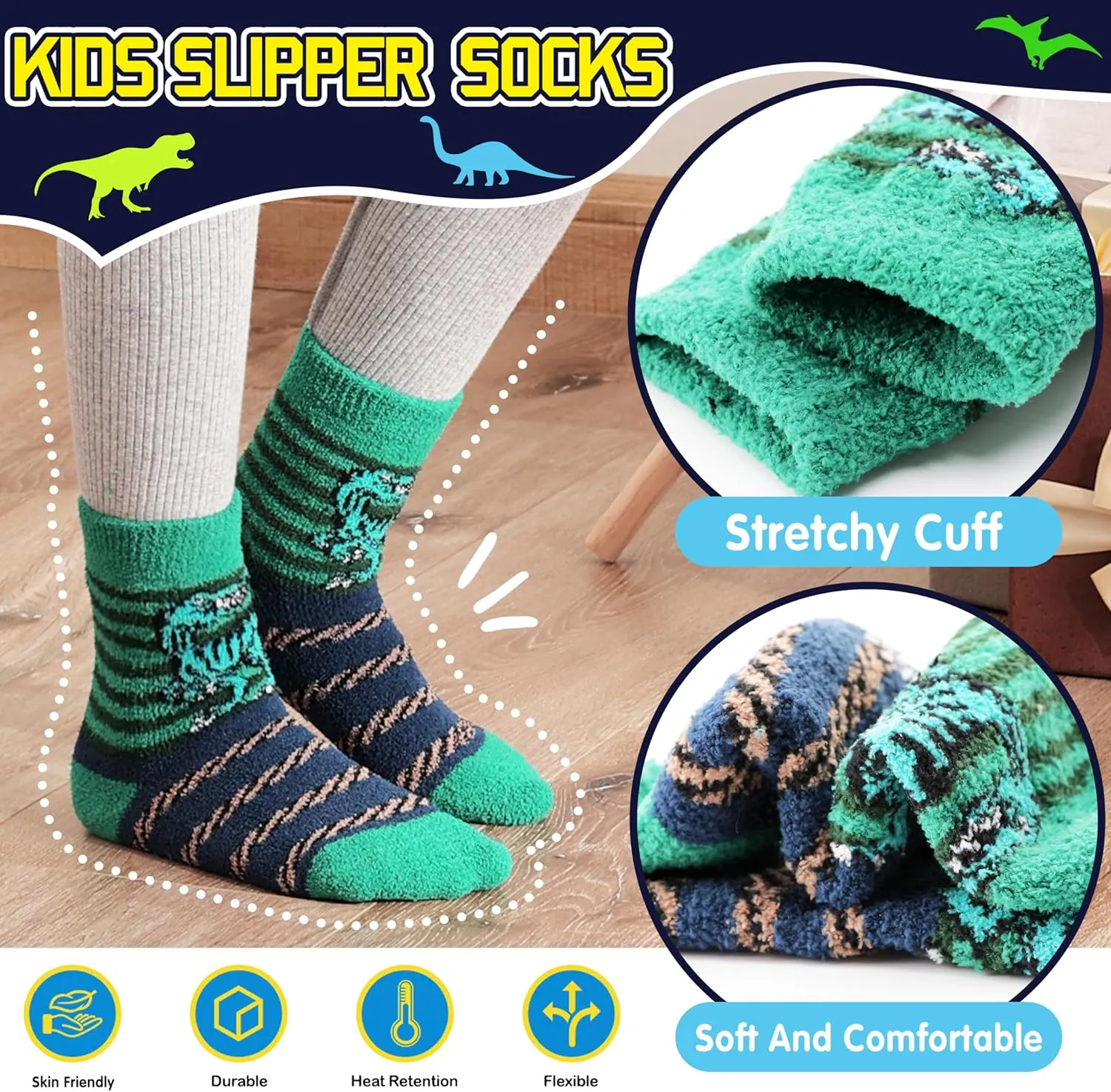 Kids Boys Toddlers Fuzzy Slipper Socks with Grips Non Slip Warm Fluffy Winter Thick Fun Cozy Hospital Socks 6 Pairs