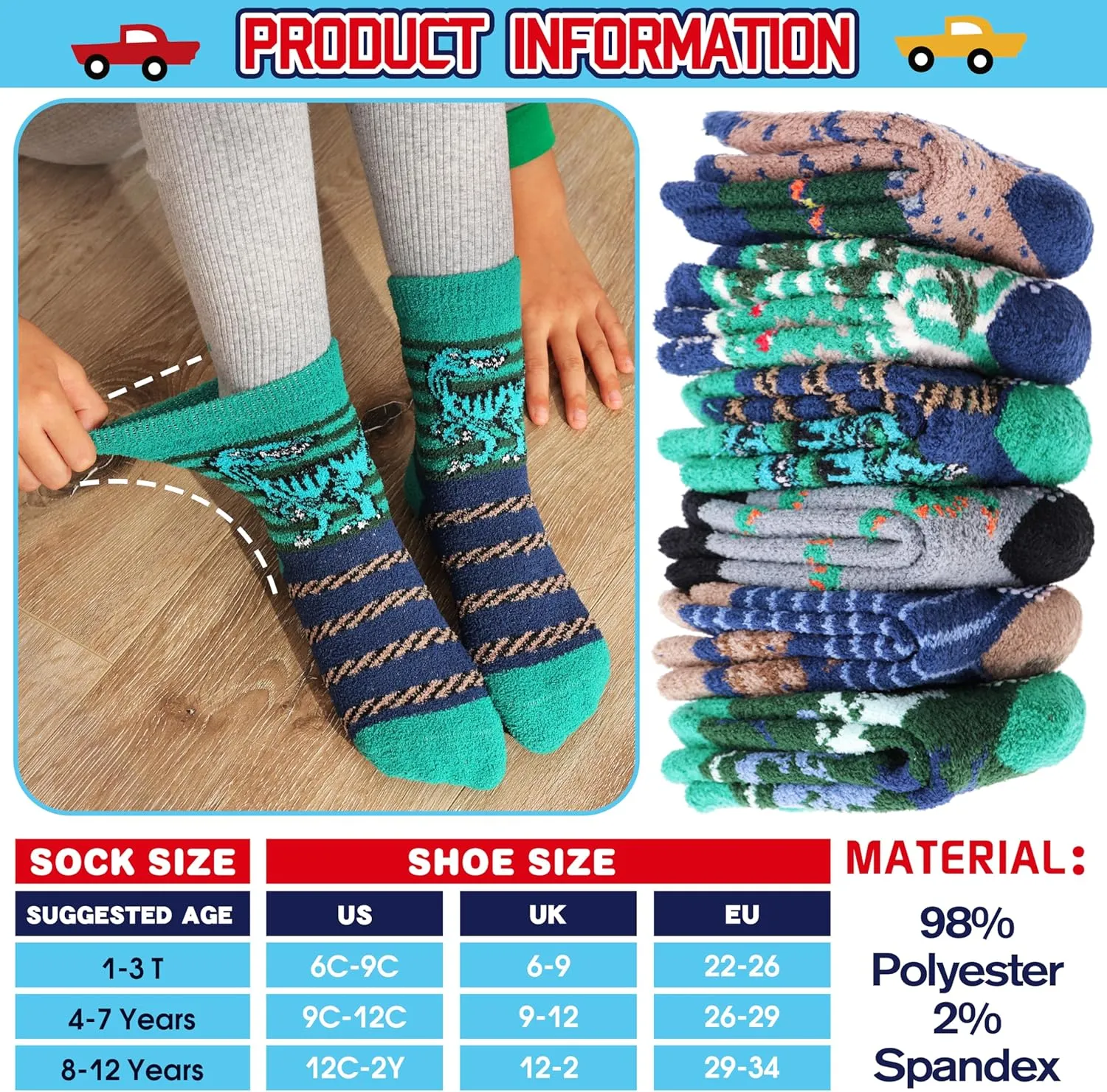 Kids Boys Toddlers Fuzzy Slipper Socks with Grips Non Slip Warm Fluffy Winter Thick Fun Cozy Hospital Socks 6 Pairs