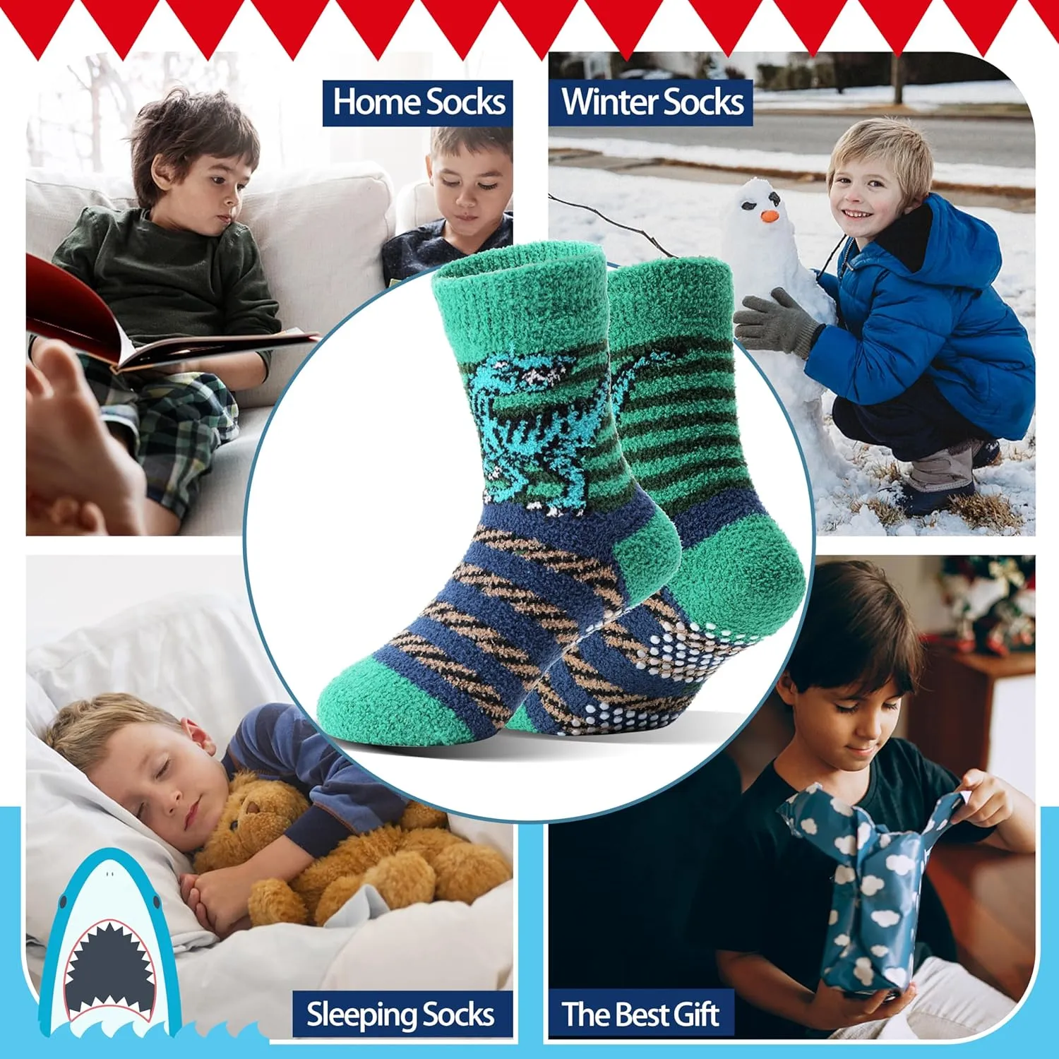 Kids Boys Toddlers Fuzzy Slipper Socks with Grips Non Slip Warm Fluffy Winter Thick Fun Cozy Hospital Socks 6 Pairs