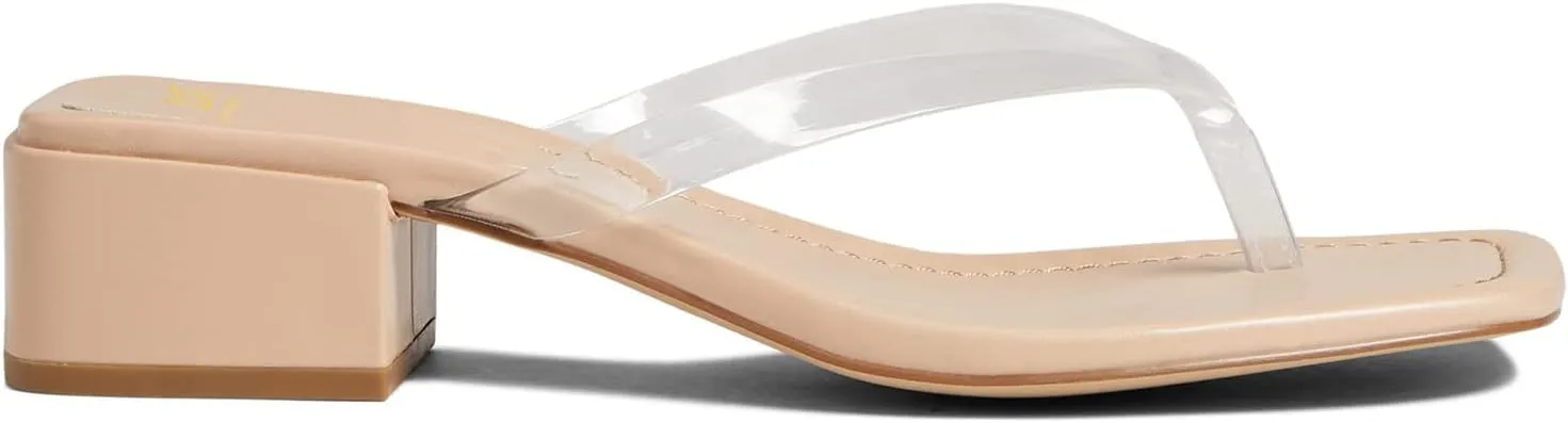 LEHOOR Women Chunky Heel Square Toe Flip Flops Comfort Slip On Heeled Thong Flip Flops 2 Inch Low Block Heel Dress Slippers Sandals Clear T-Strap Work Party Slides Casual Summer Beach Heels 4-11 M US