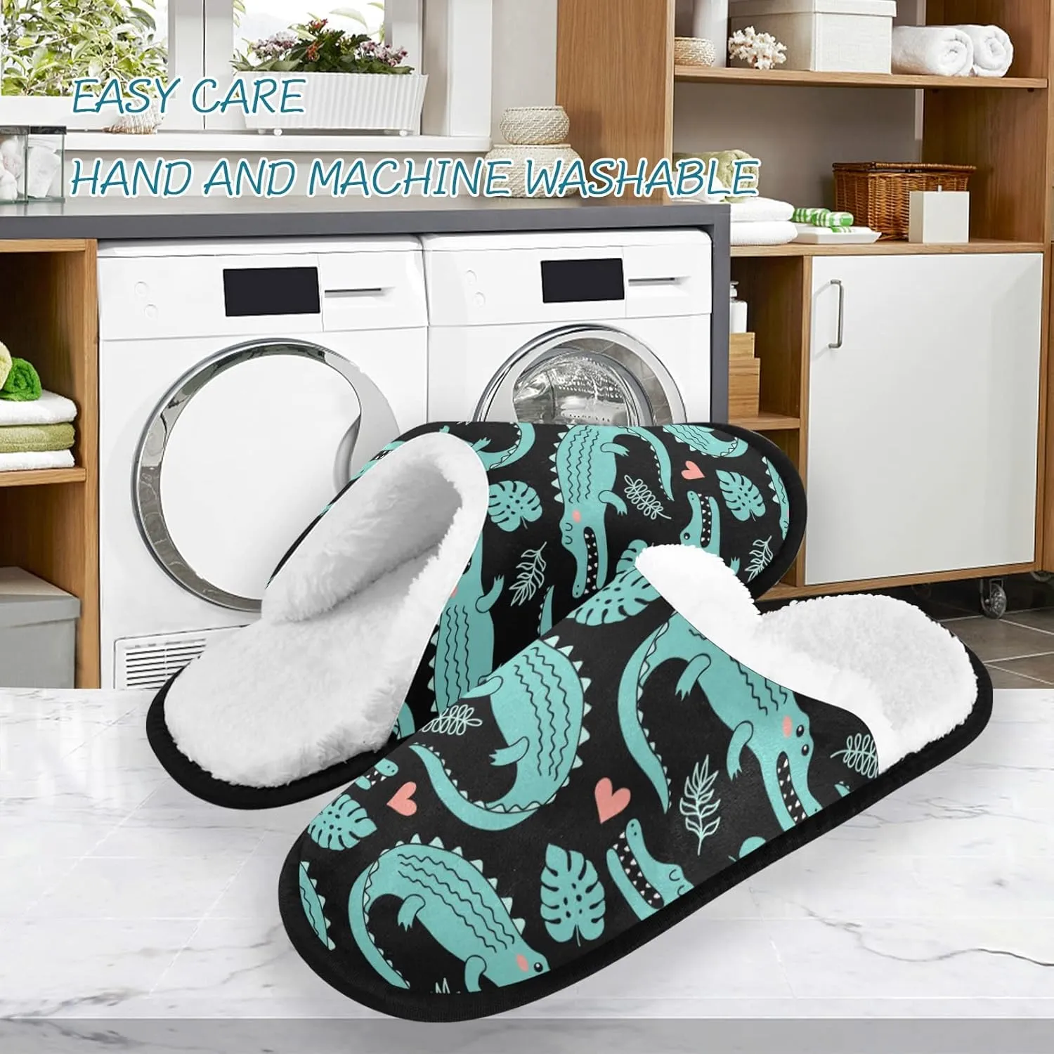 linqin Women's Cozy Slippers with Cute Panttern Cute Cartoon Crocodile Alligator Slip Fuzzy Plush Lining On House Shoes Warm Outdoor Indoor Bedroom Shoes Travel Hotle Comfortable Slipper L Size