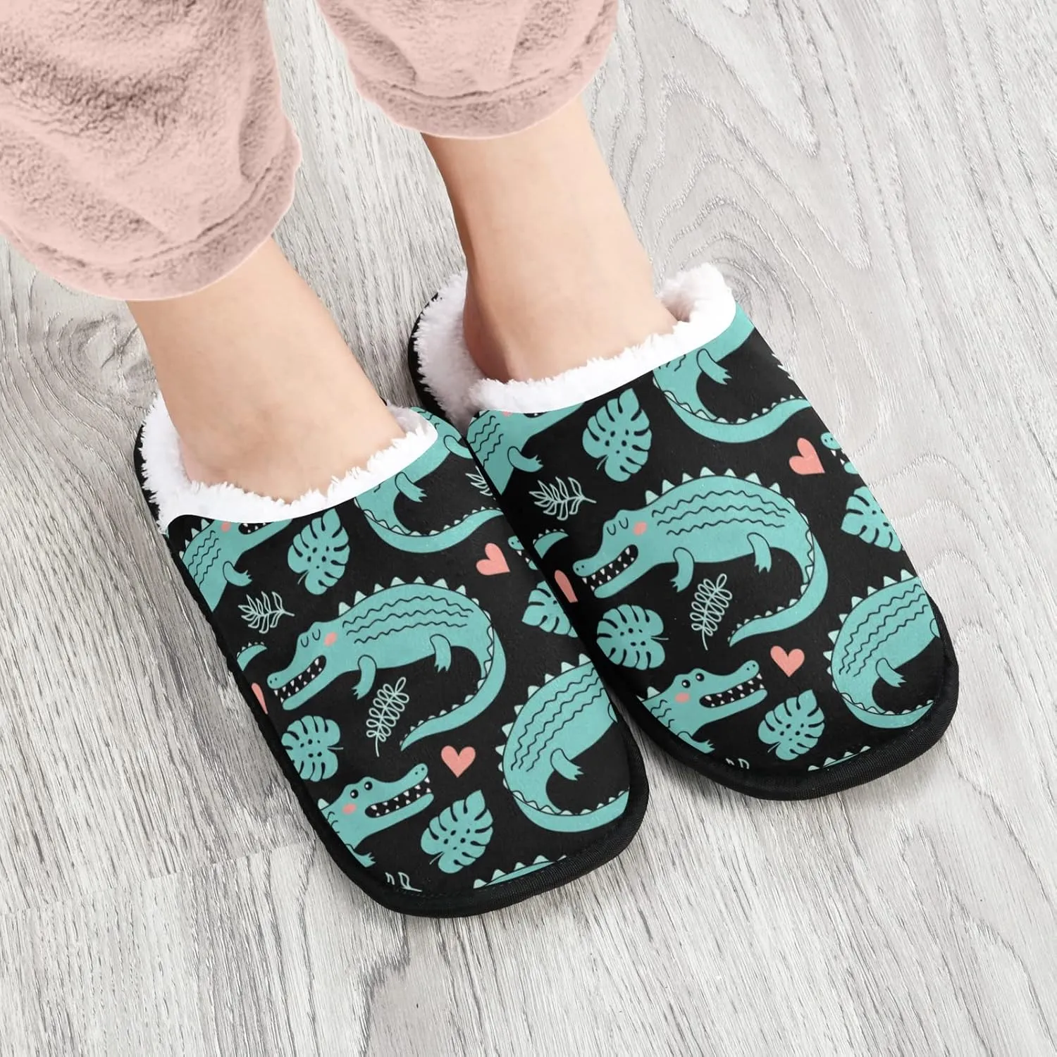 linqin Women's Cozy Slippers with Cute Panttern Cute Cartoon Crocodile Alligator Slip Fuzzy Plush Lining On House Shoes Warm Outdoor Indoor Bedroom Shoes Travel Hotle Comfortable Slipper L Size