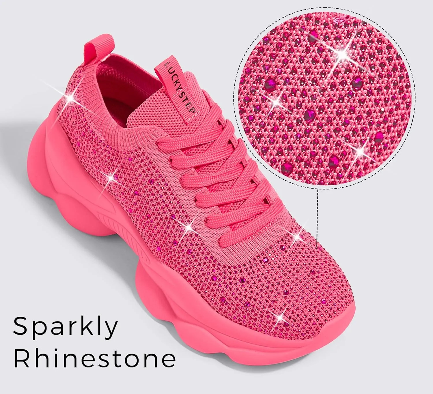 LUCKY STEP Women's Chunky Rhinestone Sneaker Sparkly Bling Bedazzled Mesh Slip on Elastic Sock Glitter Shiny Rave Walking Shoes