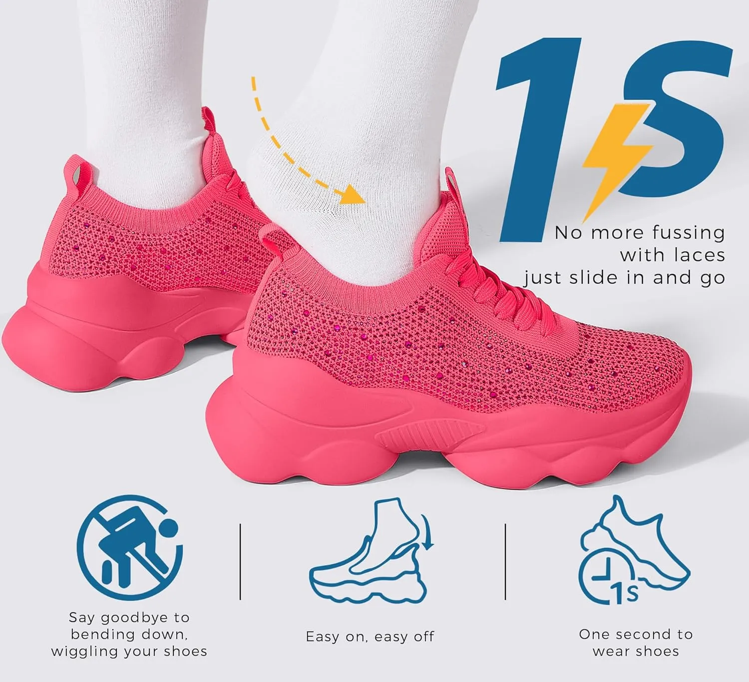 LUCKY STEP Women's Chunky Rhinestone Sneaker Sparkly Bling Bedazzled Mesh Slip on Elastic Sock Glitter Shiny Rave Walking Shoes