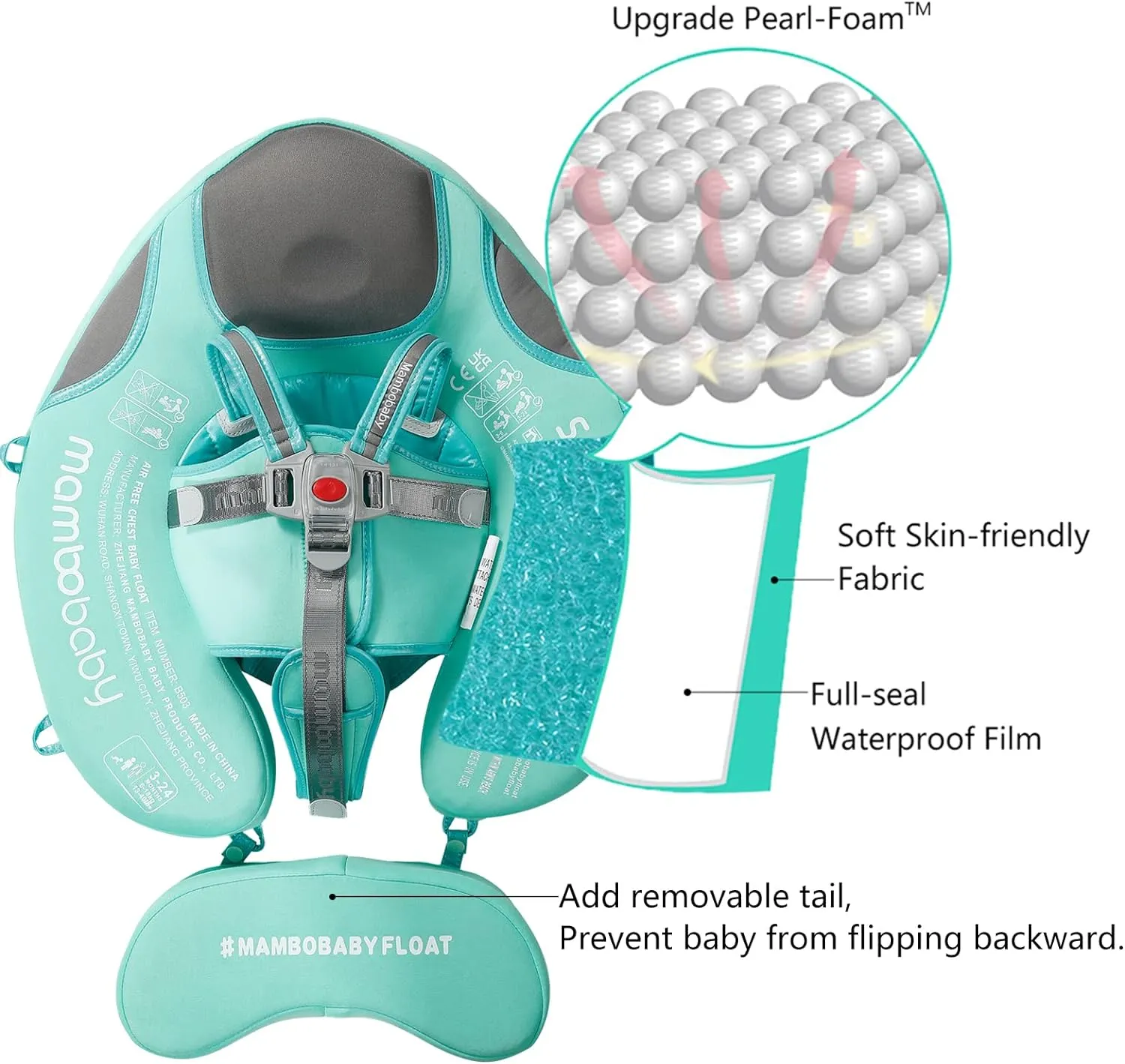 Mambobaby Float Add Tail Baby Swim Float with Canopy, Non-Inflatable Solid Baby Float, Upgrade Soft Skin-Friendly Fabric Material Infant Swim Float (Special Edition Green)