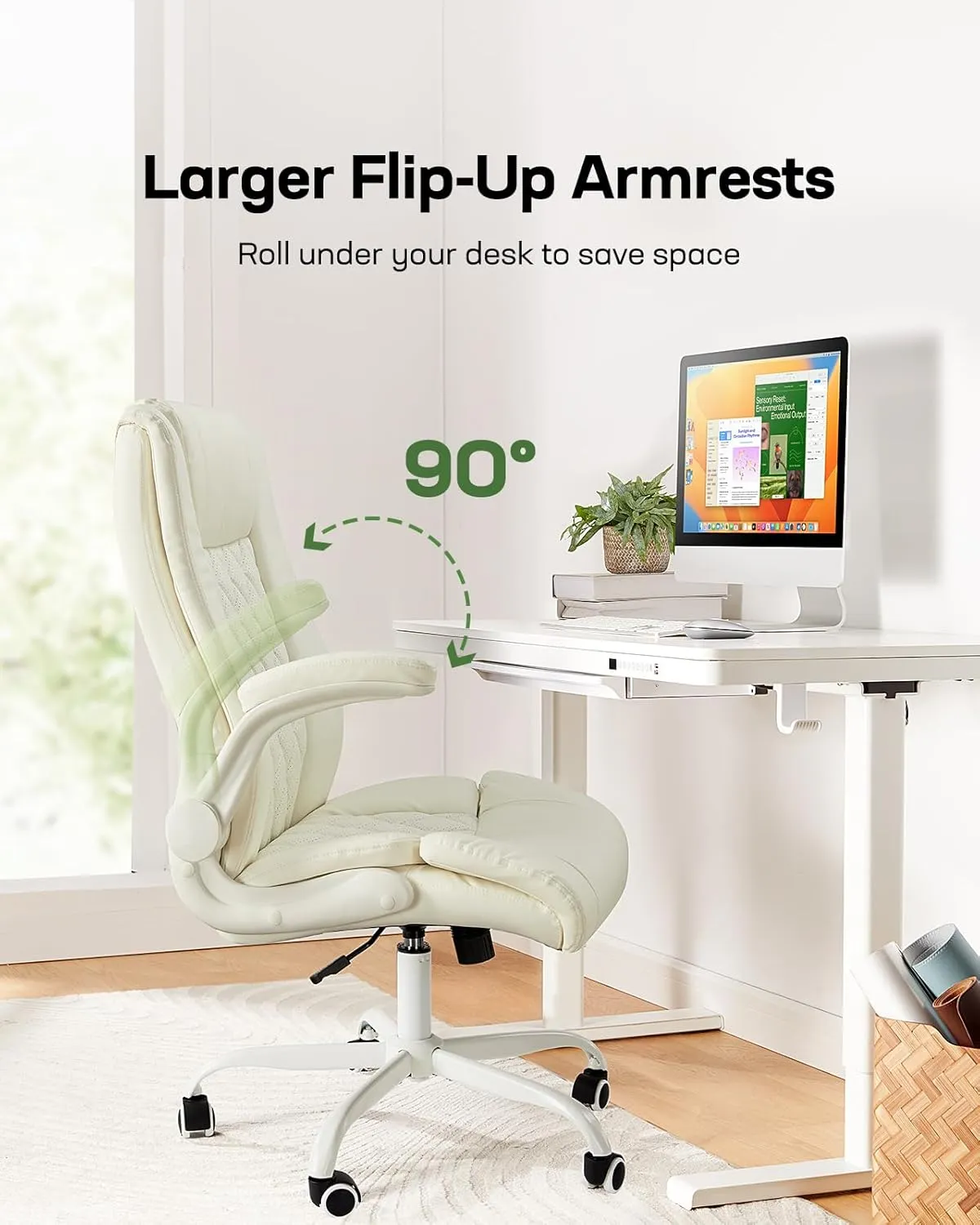 Marsail Executive Office Chair with Flip-up Armrests,PU Leather Ergonomic Desk Chair Height-Adjustable Swivel Rolling Computer Desk Chair