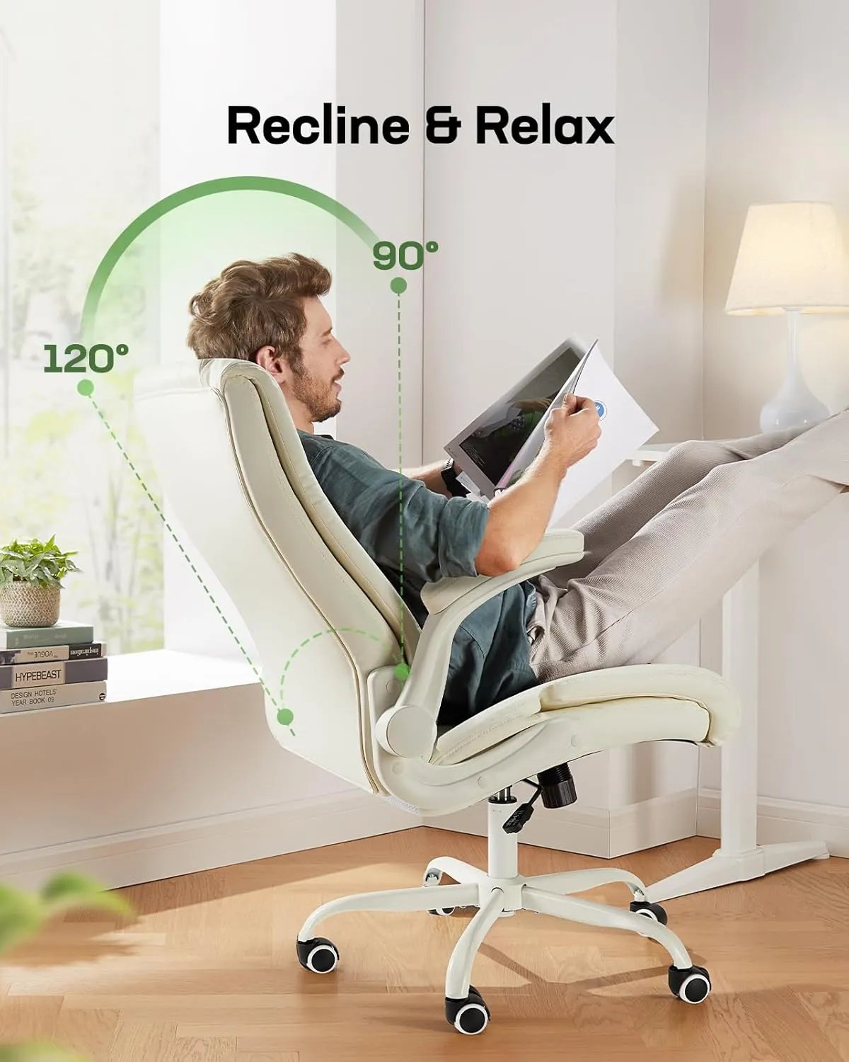 Marsail Executive Office Chair with Flip-up Armrests,PU Leather Ergonomic Desk Chair Height-Adjustable Swivel Rolling Computer Desk Chair