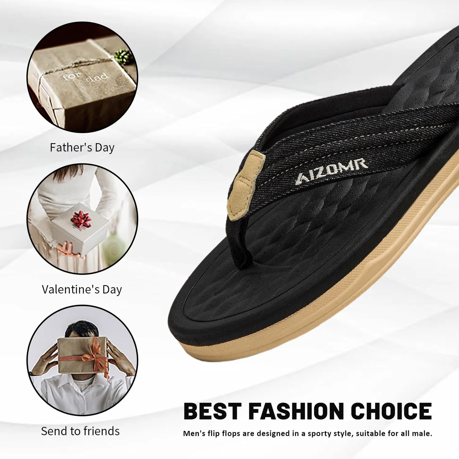 Mens Beach Flip Flops Orthotic Summer Thong Sandals Comfort Rubber Soles with Soft Cushion