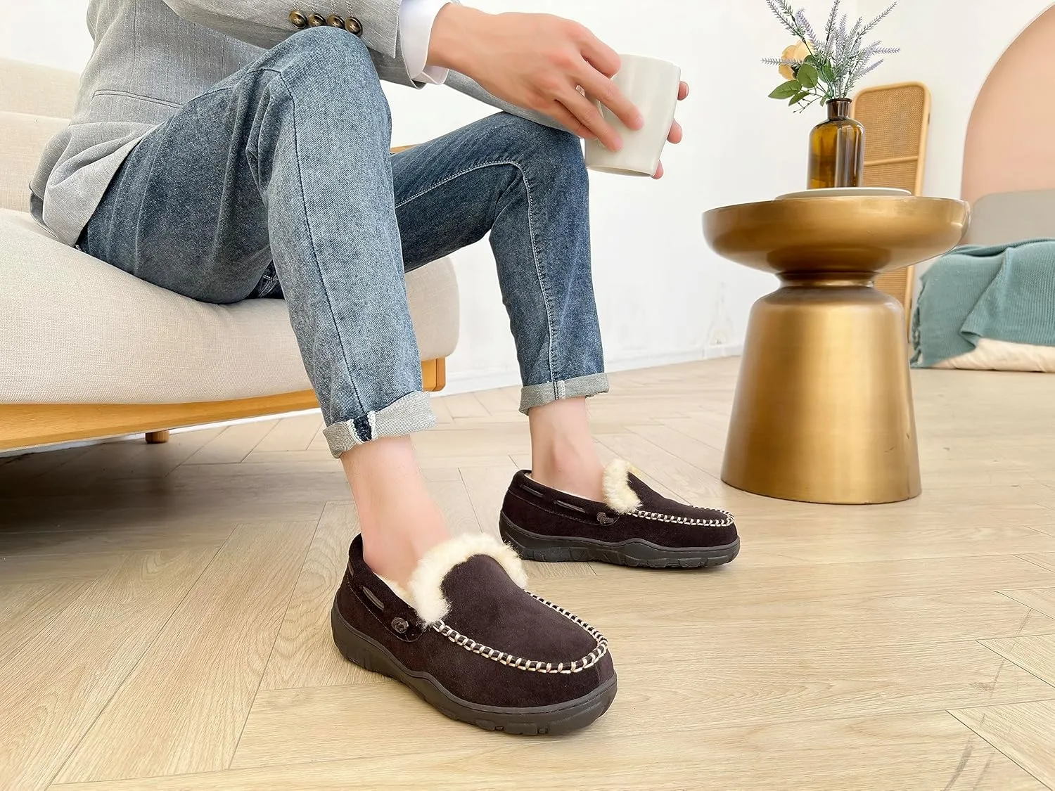 Men's Moccasin Slippers Genuine Suede Uppers Shearling Lining Memory Foam House Shoes, Indoor and Outdoor Warm Loafer