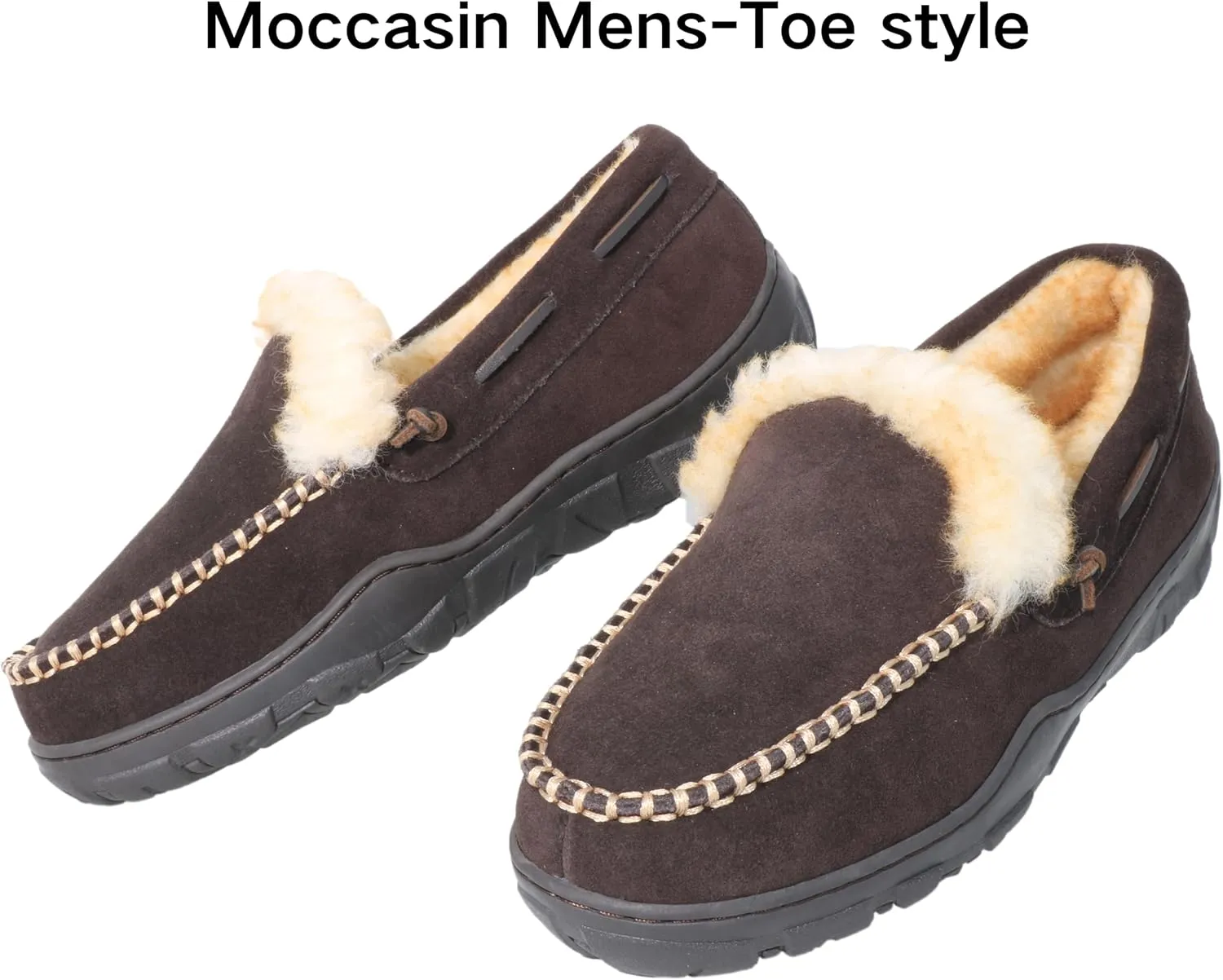 Men's Moccasin Slippers Genuine Suede Uppers Shearling Lining Memory Foam House Shoes, Indoor and Outdoor Warm Loafer