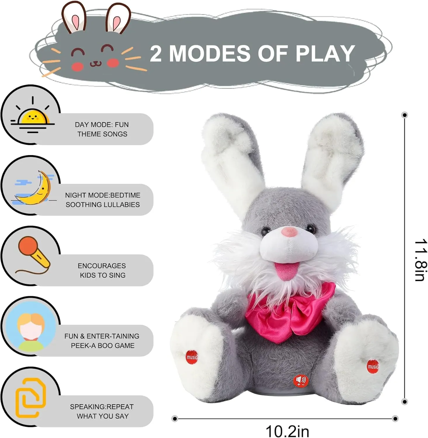 MIAODAM Peek-A-Boo Bunny Toy for Toddlers 1-3, Talking Stuffed Animal Repeats Your Words, Sings Children Songs & Lullabies, Interactive Plush with Floppy Ears (Grey)