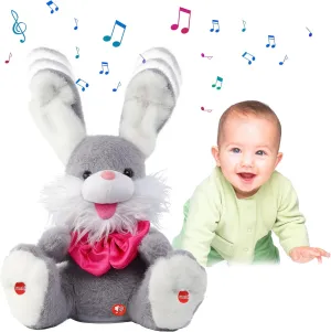 MIAODAM Peek-A-Boo Bunny Toy for Toddlers 1-3, Talking Stuffed Animal Repeats Your Words, Sings Children Songs & Lullabies, Interactive Plush with Floppy Ears (Grey)