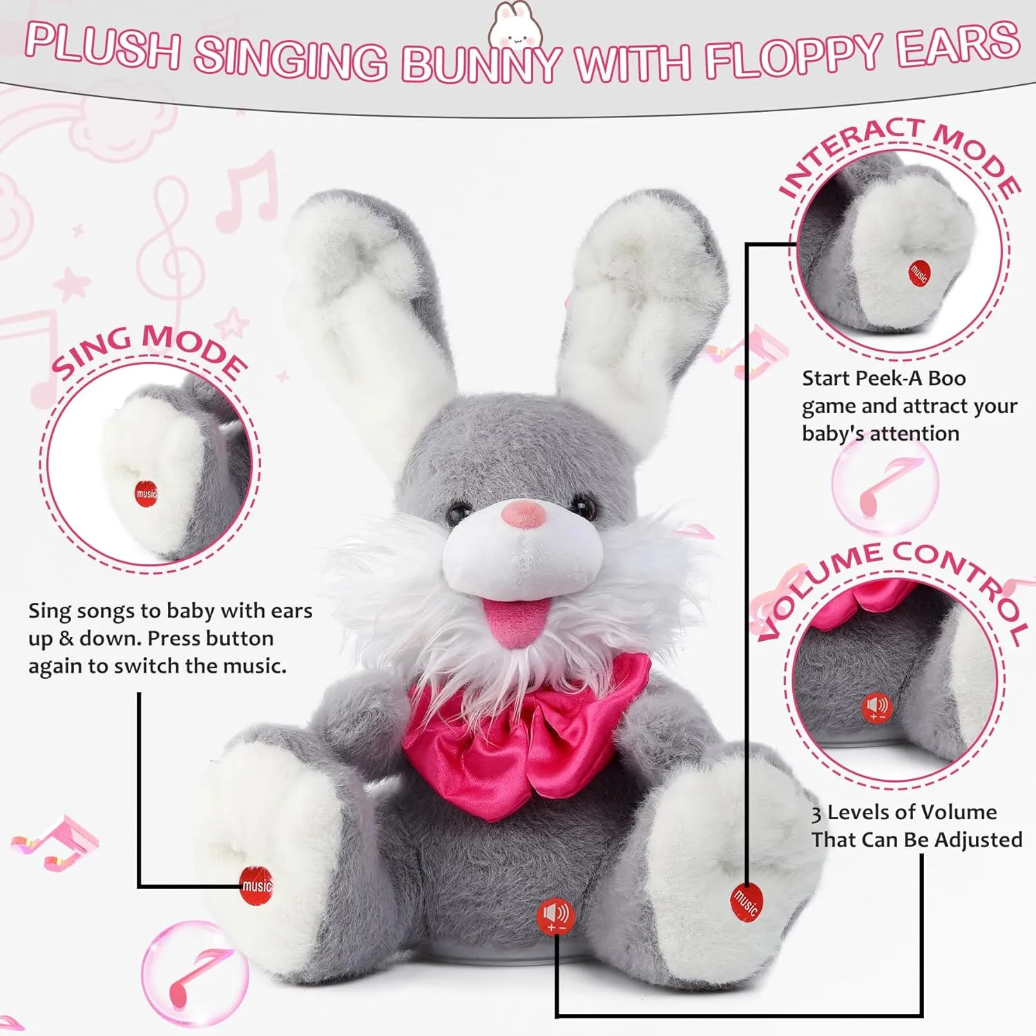 MIAODAM Peek-A-Boo Bunny Toy for Toddlers 1-3, Talking Stuffed Animal Repeats Your Words, Sings Children Songs & Lullabies, Interactive Plush with Floppy Ears (Grey)