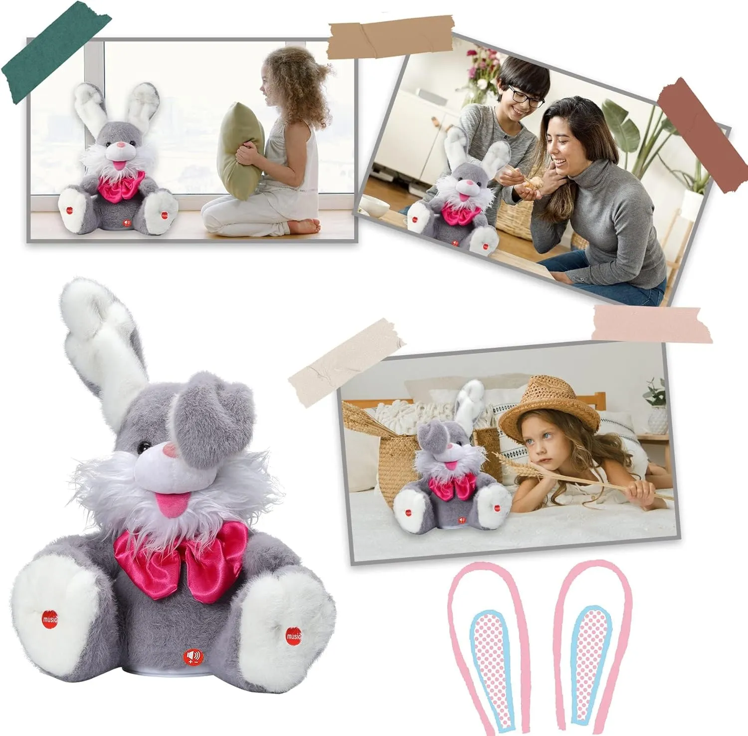 MIAODAM Peek-A-Boo Bunny Toy for Toddlers 1-3, Talking Stuffed Animal Repeats Your Words, Sings Children Songs & Lullabies, Interactive Plush with Floppy Ears (Grey)