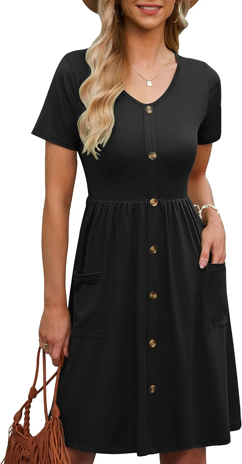 MOLERANI Women Summer Casual Short Sleeve V Neck Dresses Button Down Sundress Beach Vacation with Pockets Travel Outfits