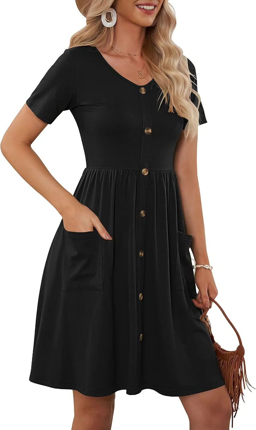 MOLERANI Women Summer Casual Short Sleeve V Neck Dresses Button Down Sundress Beach Vacation with Pockets Travel Outfits