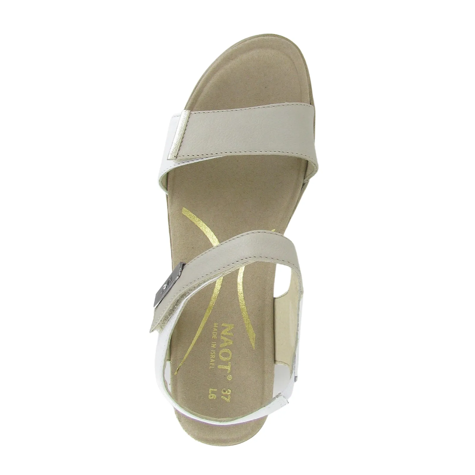 Naot Intact Heeled Sandal (Women) - Soft Ivory Leather/Soft White Leather/Radiant Gold Leather