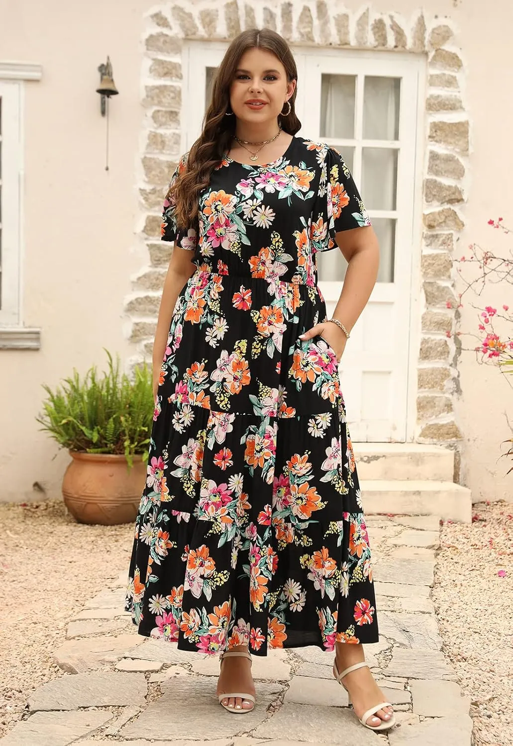 Nemidor Plus Size Maxi Dresses for Curvy Women Summer Casual Boho Ditsy Floral Print Layered Flared Long Dress with Pocket