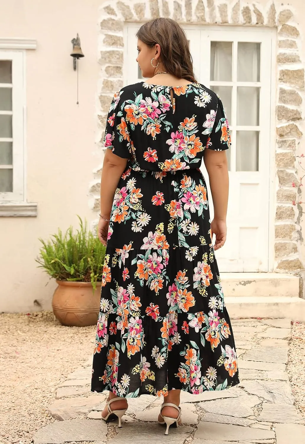 Nemidor Plus Size Maxi Dresses for Curvy Women Summer Casual Boho Ditsy Floral Print Layered Flared Long Dress with Pocket