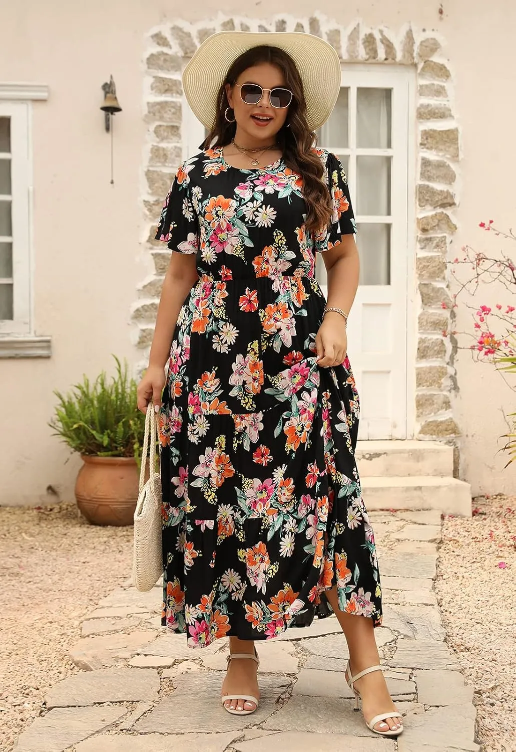 Nemidor Plus Size Maxi Dresses for Curvy Women Summer Casual Boho Ditsy Floral Print Layered Flared Long Dress with Pocket