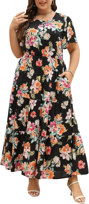Nemidor Plus Size Maxi Dresses for Curvy Women Summer Casual Boho Ditsy Floral Print Layered Flared Long Dress with Pocket
