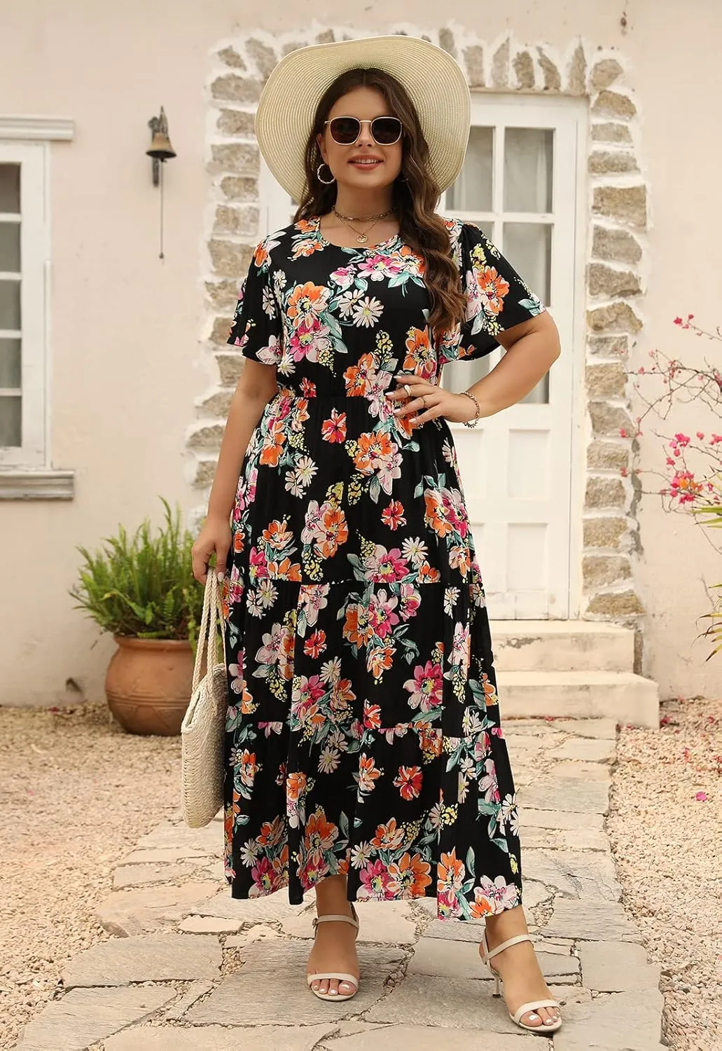 Nemidor Plus Size Maxi Dresses for Curvy Women Summer Casual Boho Ditsy Floral Print Layered Flared Long Dress with Pocket
