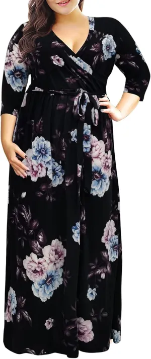 Nemidor Womens Casual V-Neck 3/4 Sleeve Plus Size Long Maxi Dress with Pockets NEM170