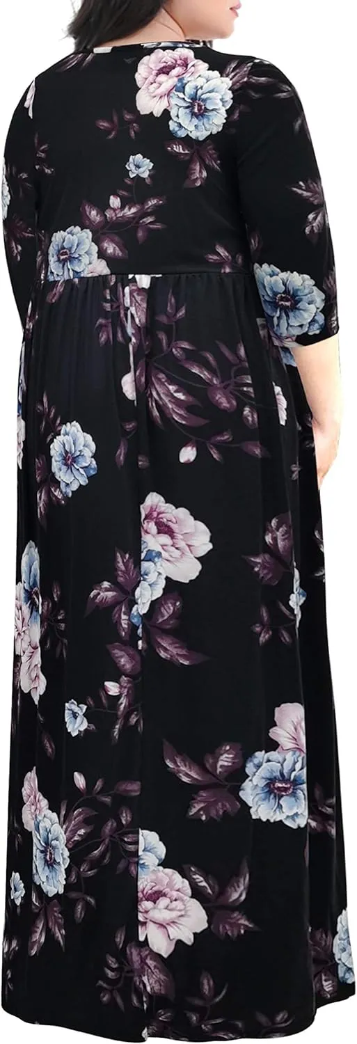 Nemidor Womens Casual V-Neck 3/4 Sleeve Plus Size Long Maxi Dress with Pockets NEM170
