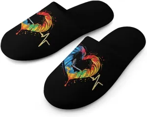 Nurses Tie-Dye Pulse Heart Men's Cotton Slippers Slip-on House Slippers Warm Home Shoses with Rubber Sole
