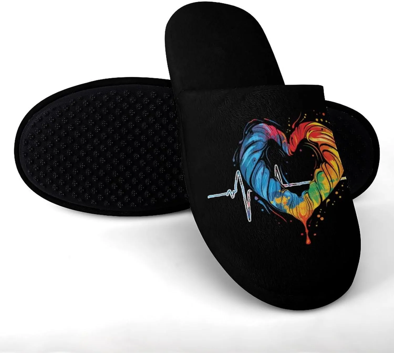 Nurses Tie-Dye Pulse Heart Men's Cotton Slippers Slip-on House Slippers Warm Home Shoses with Rubber Sole