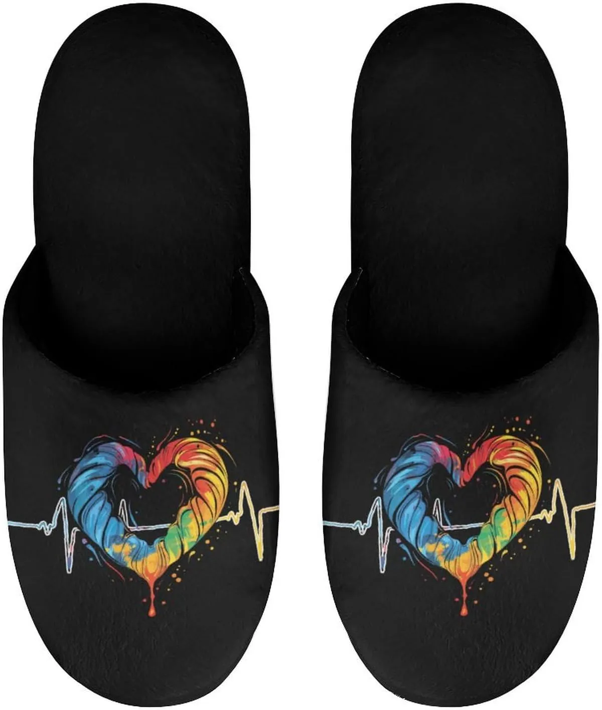 Nurses Tie-Dye Pulse Heart Men's Cotton Slippers Slip-on House Slippers Warm Home Shoses with Rubber Sole