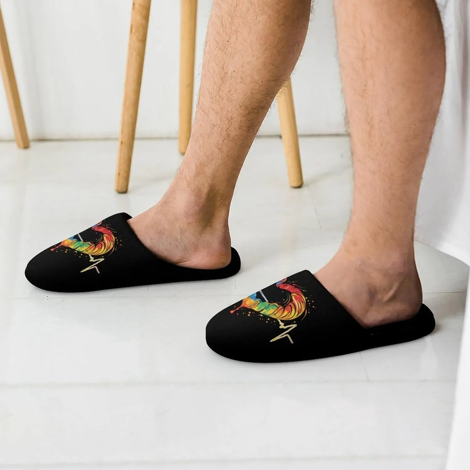 Nurses Tie-Dye Pulse Heart Men's Cotton Slippers Slip-on House Slippers Warm Home Shoses with Rubber Sole