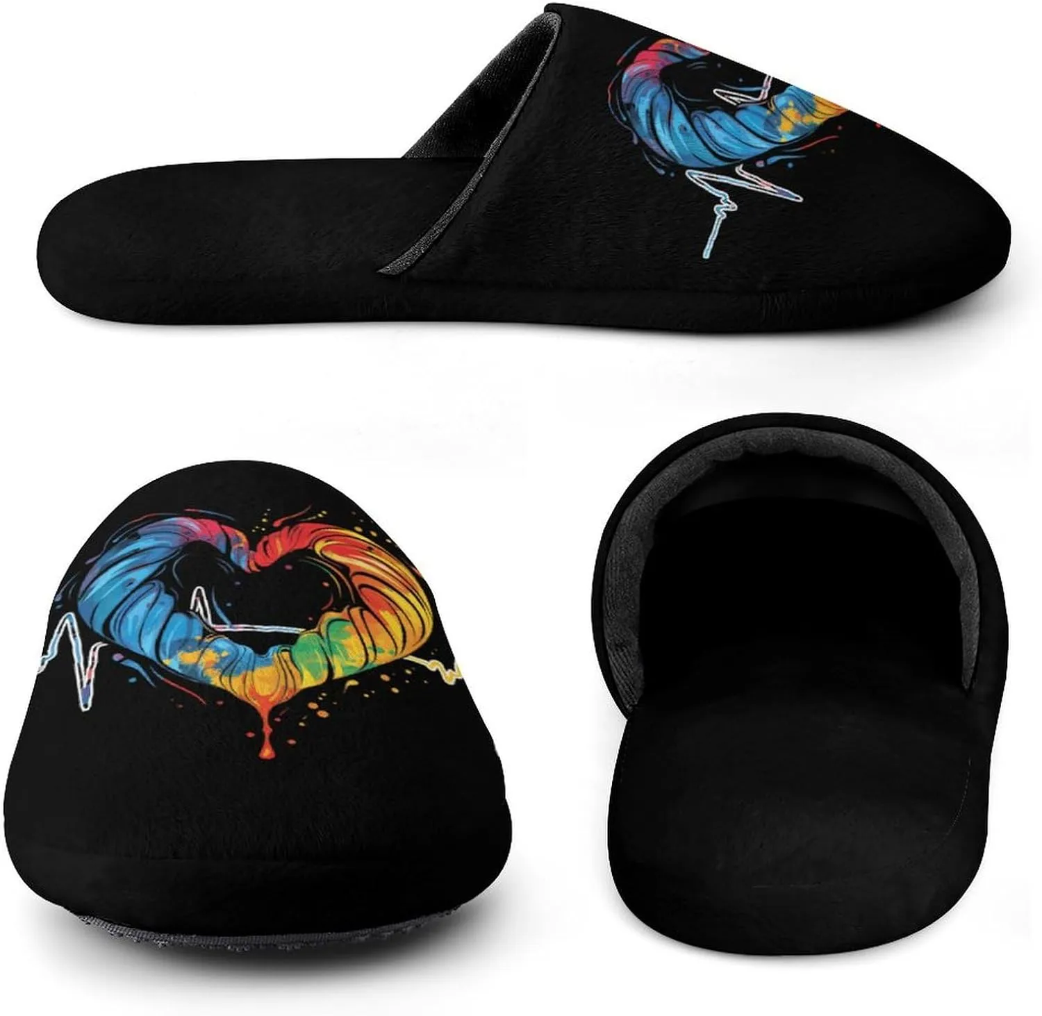 Nurses Tie-Dye Pulse Heart Men's Cotton Slippers Slip-on House Slippers Warm Home Shoses with Rubber Sole