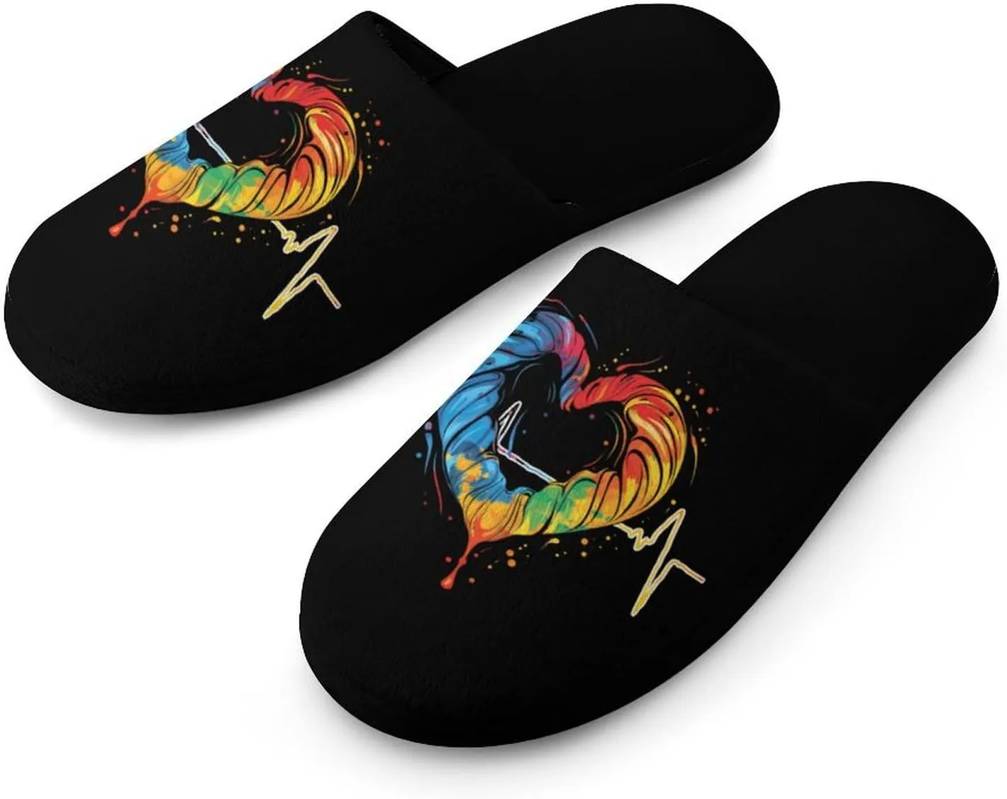 Nurses Tie-Dye Pulse Heart Men's Cotton Slippers Slip-on House Slippers Warm Home Shoses with Rubber Sole