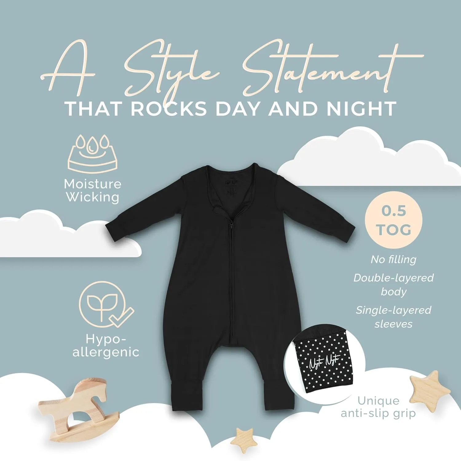 Nyte Nyte Baby- 0.5 TOG SnuggleSack Sleep Sack Rumper W Sleeves, Adjustable Feet Cuffs & Anti-Slip Grip