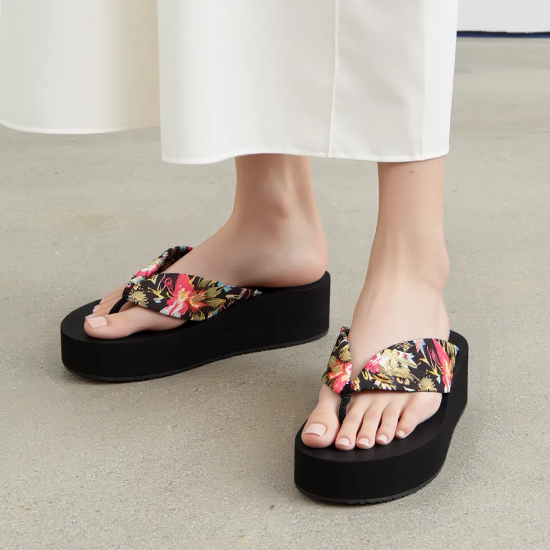 OCW Women Sandals Comfort Silk Thick Sole Floral Summer Outdoor Wedges Flip Flop